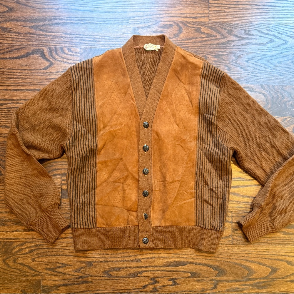 60s Vintage Brown wool blend knit and faux Suede and Knit Men's cardigan Sweater